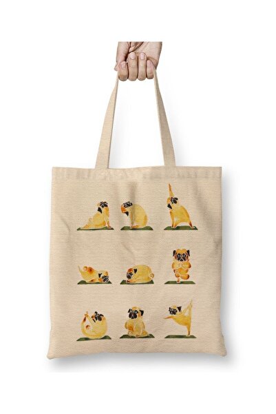 Toyaso Pug Yoga Dog Λευκή υφασμάτινη τσάντα με μακρύ χερούλι Τσάντα αγορών Τσάντα παραλίας