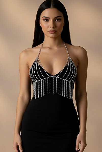 CAŞ DEKORASYON Silver Color Stone Bikini Top Bralet Body Accessory