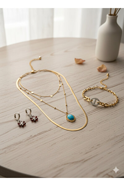 Jewerly Kadın 3'lü Set Kombin Kolye Yıldız Desenli Küpe ve Kristal Taşlı Çelik Bileklik