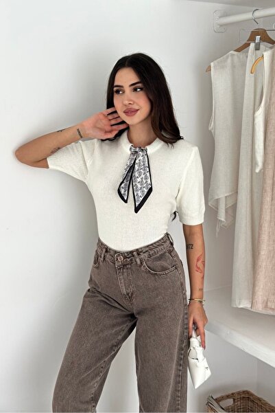 Noi Belis Ribbon Detailed Short Sleeve Soft Textured Knitwear Sweater Aw25Kz0072