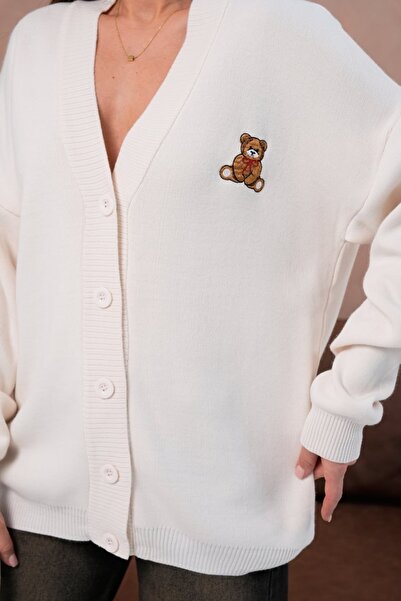 Noi Belis Oversized Midi Length Teddy Bear Detailed Knitwear Cardigan Aw25Hi0053