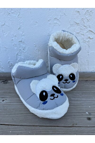 Huzurlu Adımlar Pandali Gray Children's Slippers