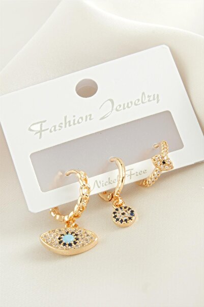 ZERO LAND Nrzsnt 3 Pieces Oval Evil Eye Zircon Stone (234031) Earrings-Silver Color