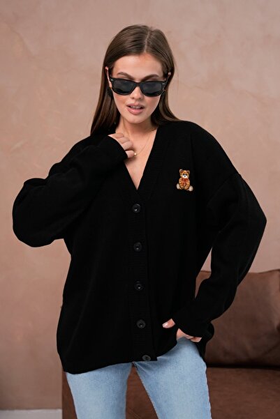 Noi Belis Oversized Midi Length Teddy Bear Detailed Knitwear Cardigan Aw25Hi0053