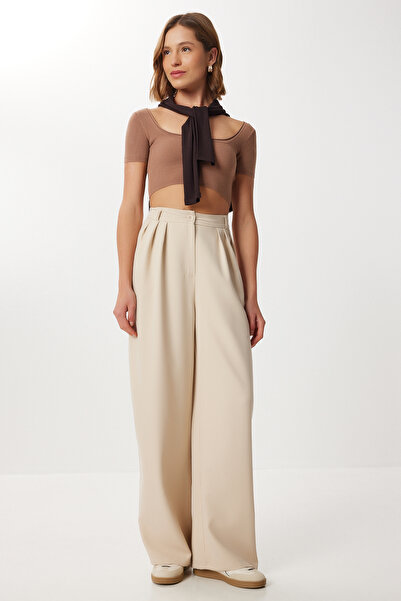 Lovelyİstanbul Pleated Woven Palazzo Pants Ldw0009 Cream