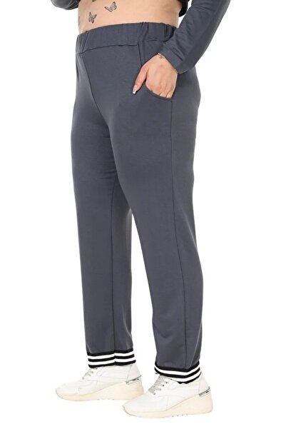 Hazinedan Women's Anthracite Large Size Collar Stripe Detailed Long Sleeve Elastic Waist V-Neck Tracksuit Set