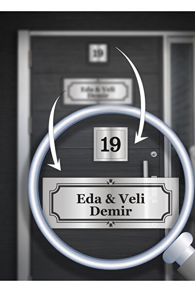 Azresa Kişiye Özel Gümüş Renk Kapı İsimliği 15x5 cm + 5x5 cm Daire Numarası Süsü