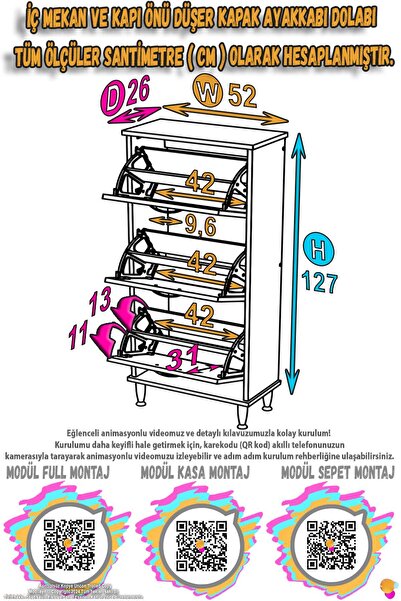 Lina Vella Home VARBİ AYAKLI Kapı Önü 52 x 127 x 26 cm’ lik 3 Düşer Kapak 6 Göz Bölmeli Ayakkabılık