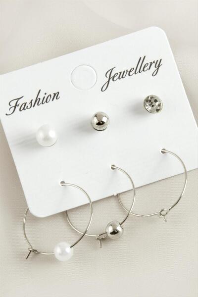 ZERO LAND Nrzsnt 6 Pcs Pearl Hoop Earrings with Stones 2.5 (234647) Cm-Silver Color
