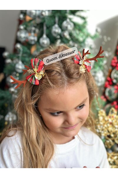 QUEEN AKSESUAR 2-Piece Suede Christmas Deer Antler Hair Clip Buckle Series with Bell Plaid Bow Decoration
