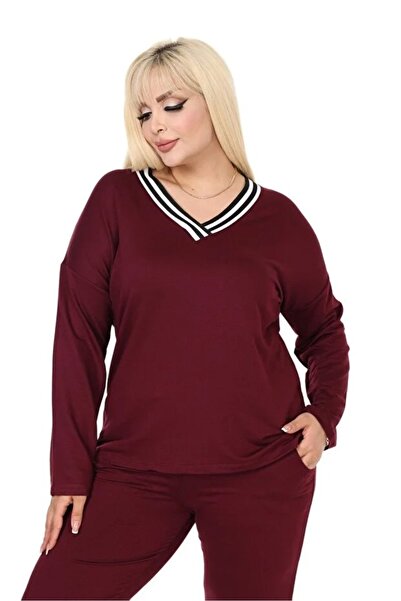Hazinedan Women's Burgundy Large Size Collar Stripe Detailed Long Sleeve Elastic Waist V-Neck Tracksuit Set