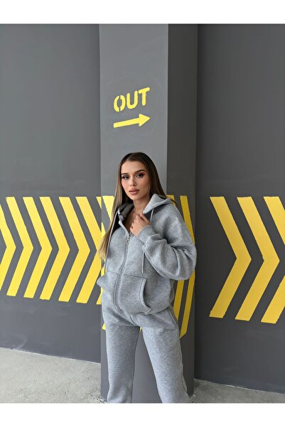 ANATOLIATEKSTILE Tracksuit with Zipper Hoodie – Casual Sports Set for Women