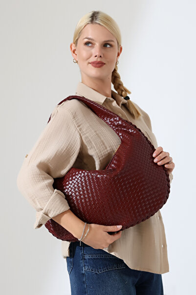 Encool Бордова жіноча сумка з плетеним візерунком і великими плечима – містка...