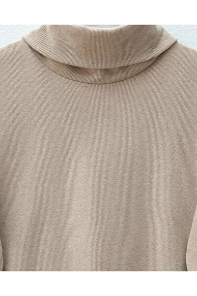 Modamorfo Turtleneck Slit Ribbed Knit Tunic -Stone