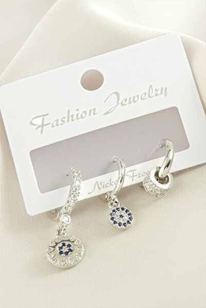 ZERO LAND Nrzsnt 3 Pieces Evil Eye Zircon Stone (235548) Earrings-Silver Color