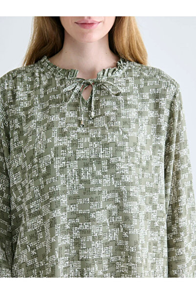 LC Waikiki Lcw Grace Khaki Ruffled Tie Neck Patterned Women's Tunic