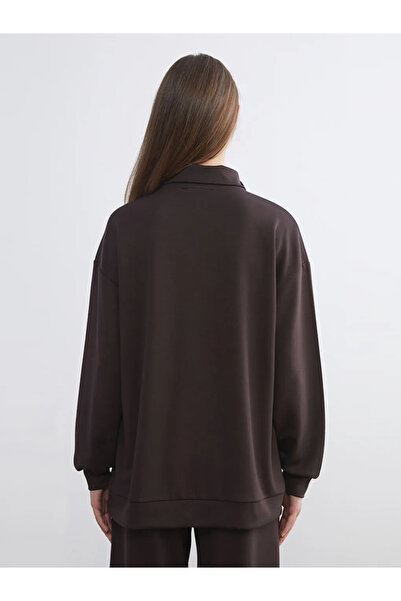 LC Waikiki LCW Modest Kahverengi Dik Yaka Nakışlı Oversize Kadın Sweatshirt Tunik