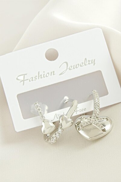 ZERO LAND Nrzsnt 3 Pcs Heart Zircon Stone (02044) Earrings-Silver Color