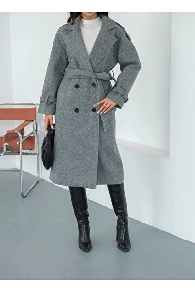 olalapasha New Season Double-Breasted Collar Belted Lined Imported Cashmere Coat