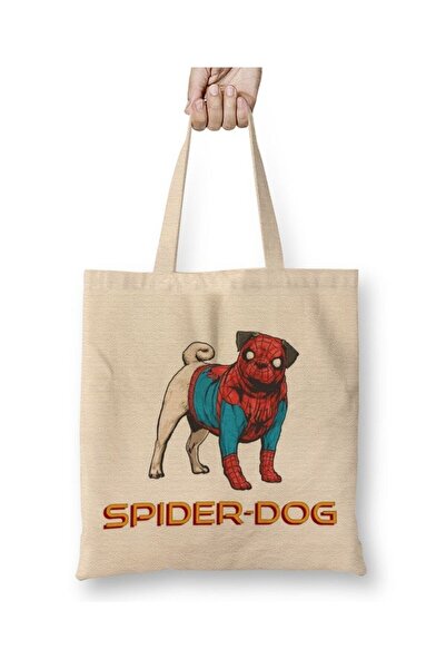 Toyaso Spider Dog Pug Dog Λευκή υφασμάτινη τσάντα με μακρύ χερούλι Τσάντα αγορών Τσάντα παραλίας