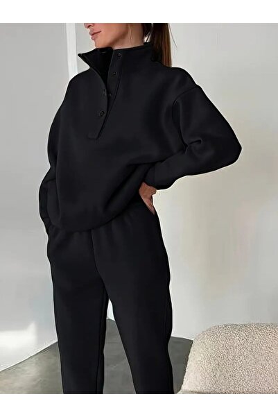 buğrahayalin Women's Long Sleeve Fisherman Mock Neck Piece Buttoned Three Thread Blouse and Pants Double Suit