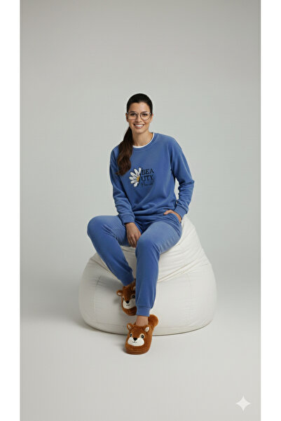 Defkay Mavi kışlık polar kumaş kadın uzun kollu pijama takımı