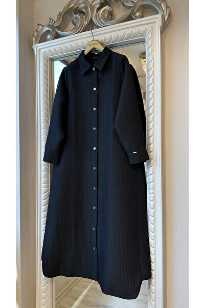 Invee Patterned Quilted Overcoat with Snap Closure - Black