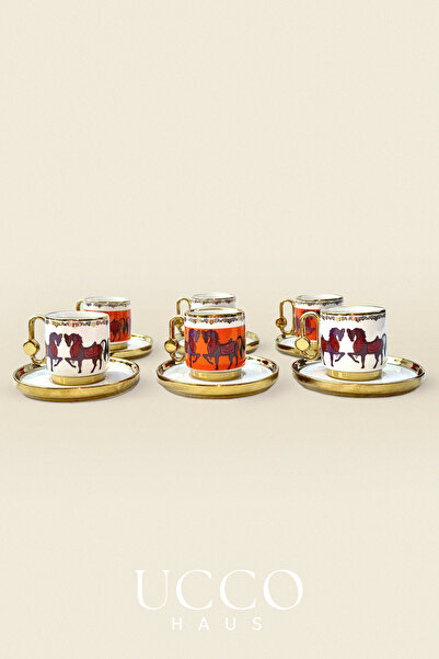 UCCO Gold Gilded 6-Piece 80 ml Porcelain Coffee Cup Set – Horse Motif Premium Series - Espresso Cup