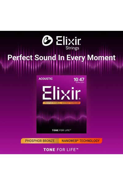 Elixir أوتار جيتار صوتي من البرونز الفسفوري مع طلاء نانوويب، خفيف الوزن للغاية (.010-.047)