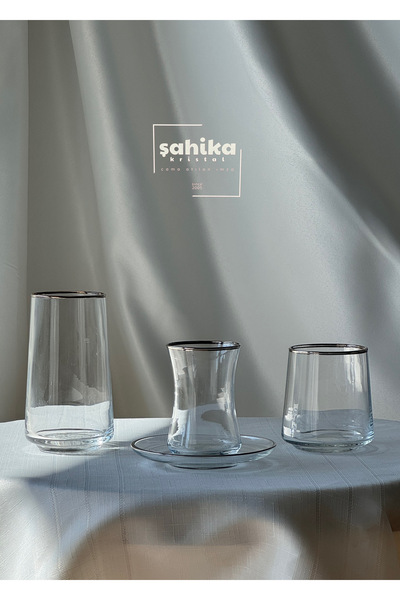 Şahika Kristal cama atılan imza 24 Piece Vera Platinum (Silver) Water, Soft Drink and Tea Set for 6 People