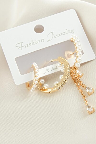 ZERO LAND Nrzsnt 3 Pcs Pearl Zircon Stone (235527) Earrings-Silver Color