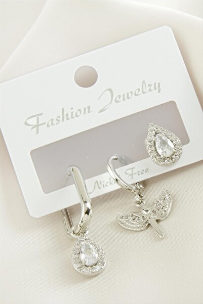 ZERO LAND Nrzsnt 3 Pieces Drop Zircon Stone (00855) Earrings-Silver Color