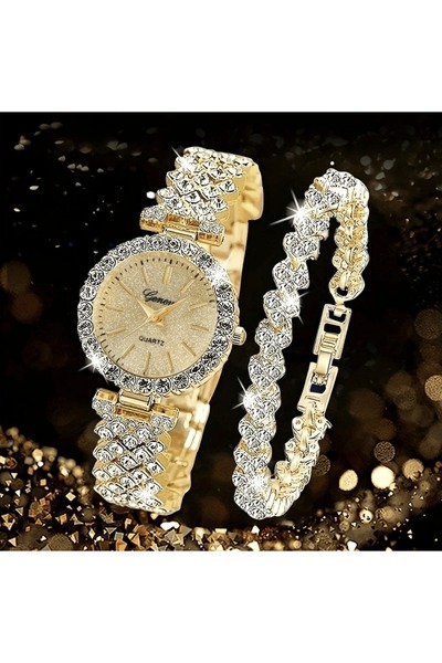 VEYA A luxurious women's set consisting of a watch and bracelets set with artificial diamonds in a classic Roman style.