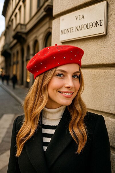 MARBERRY Red Pearl Stone Embroidered Women's Painter Beret