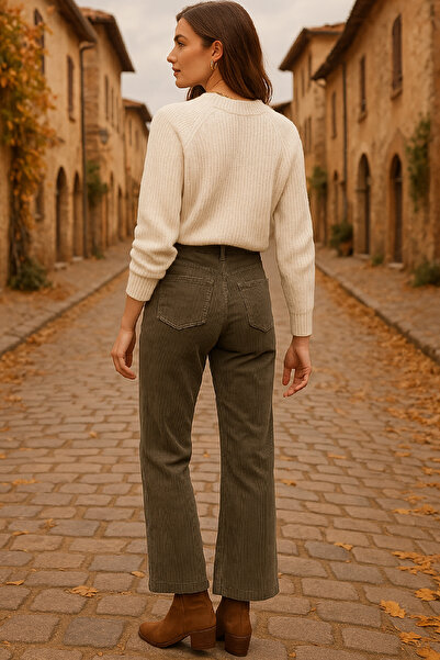 Pissos Women's Khaki Wide Leg Trendy Velvet Trousers