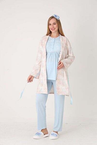 BLACKMORE Women's Blue Patterned Shawl Collar Cotton Long Sleeve Winter Maternity Pajama Set with Dressing Gown