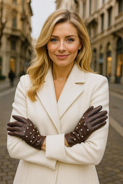 MARBERRY قفازات نسائية من الجلد الصناعي المطرز بالحجر البني