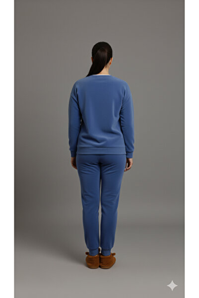 Defkay Mavi kışlık polar kumaş kadın uzun kollu pijama takımı