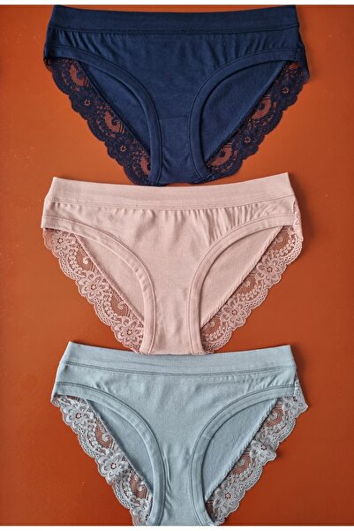 Demirsa Boutique Lacy and Piped Detail 3-Piece Modal Women's Bikini Panties in Navy, Powder, and Blue Colors