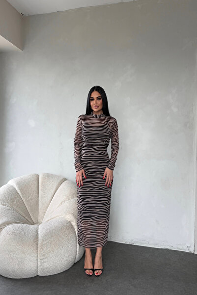 LİLA İSTANBUL Crew Neck Self-Patterned Lined Dress in Beige Color