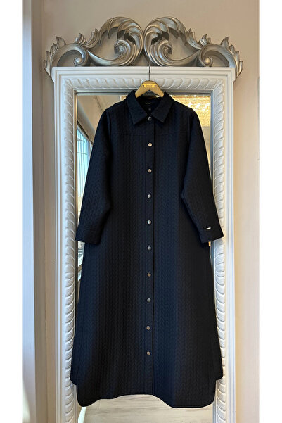 Invee Patterned Quilted Overcoat with Snap Closure - Black