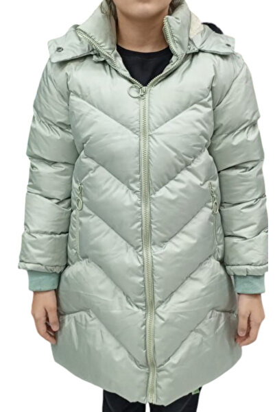İrem Çocuk Giyim Girl's Mint Green Hooded V Patterned Plush Lined Zipper Pock...