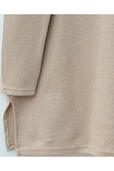 Modamorfo Turtleneck Slit Ribbed Knit Tunic -Stone