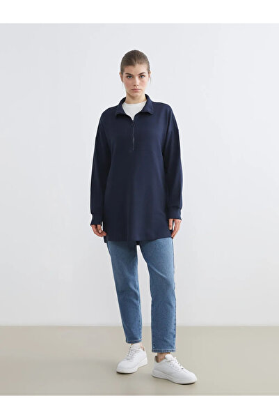 LC Waikiki Lcw Modest Navy Blue Mock Neck Women's Sweatshirt Tunic