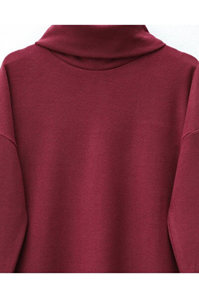 Modamorfo Turtleneck Slit Ribbed Knit Tunic -Burgundy