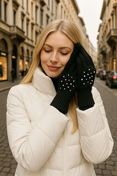 MARBERRY Siyah Örme Taş İşlemeli Kadın Eldiven