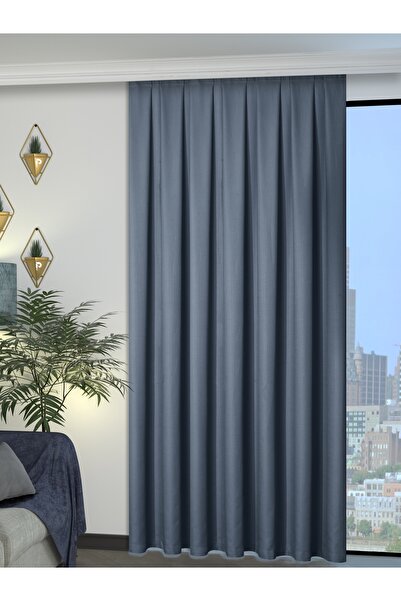 Perle 1/2 Pleated Linen Textured Dark Indigo Modern Background Curtain – No Ironing Required