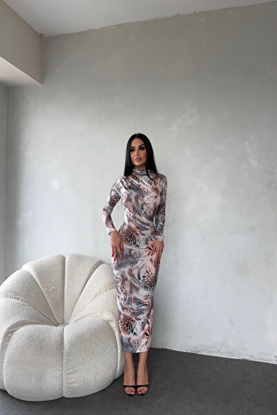LİLA İSTANBUL Turtleneck Self-Patterned Draped Dress