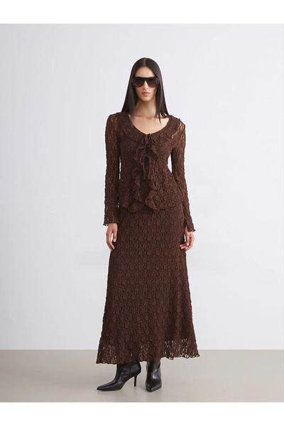 LC Waikiki Soulife Brown Tie Neck Lace-Like Knit Lace Women's Cardigan