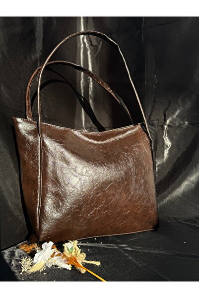 ÇANTA Kadın Torba Acı Kahve Kırışık Suni Deri Büyük Boy Fermuar Kapama El Kol...